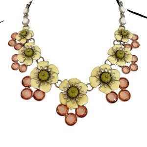 Talbots Enamel Flower‎ Statement Necklace Yellow Green Pink Adjustable